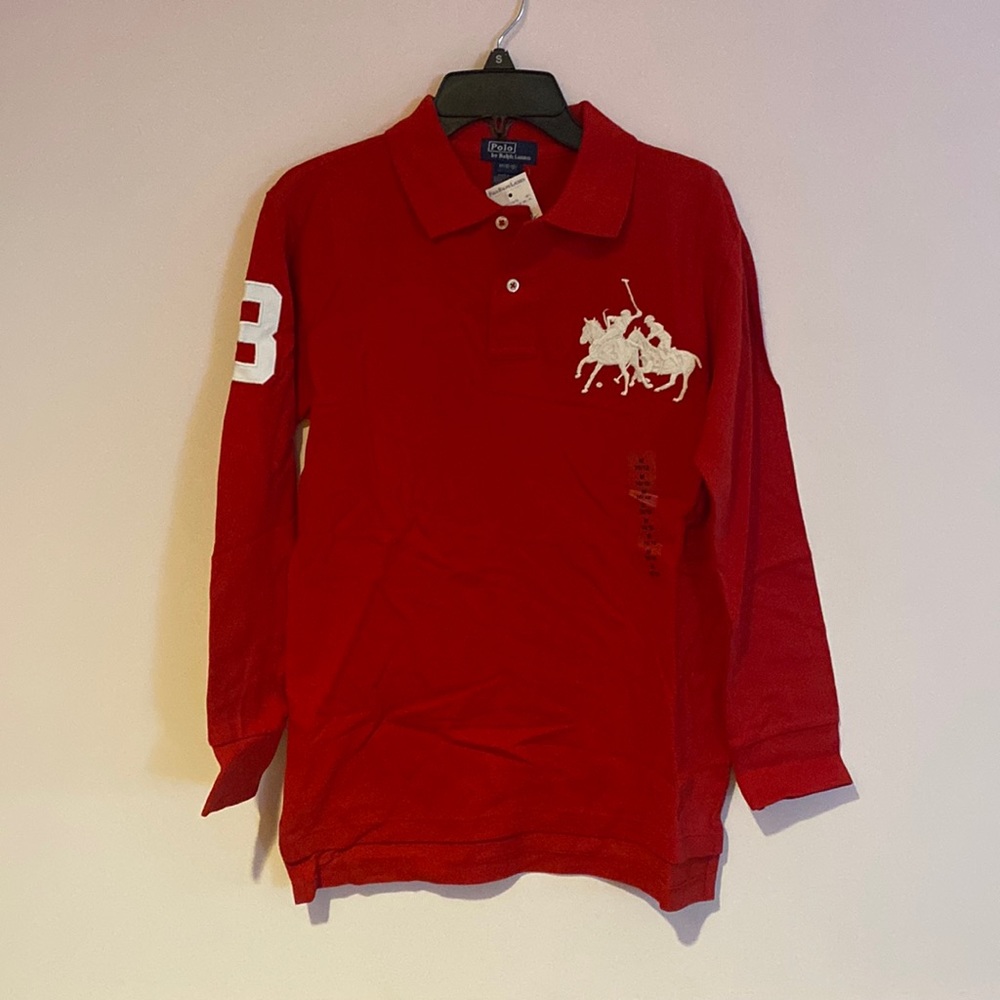 Polo Ralph Lauren Boys Red Solid Polo Long Sleeve Shirt Big Pony Red Size Medium